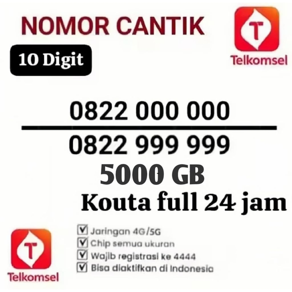 stock terbatas kartu Telkomsel 10 digit no cantik bonus kuota 5000gb masa aktif 1 tahun