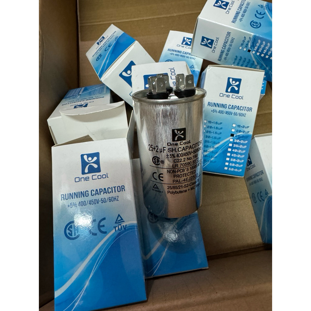 capasitor AC 25+2uf onecool kapasitor 25uf+2uf bulet