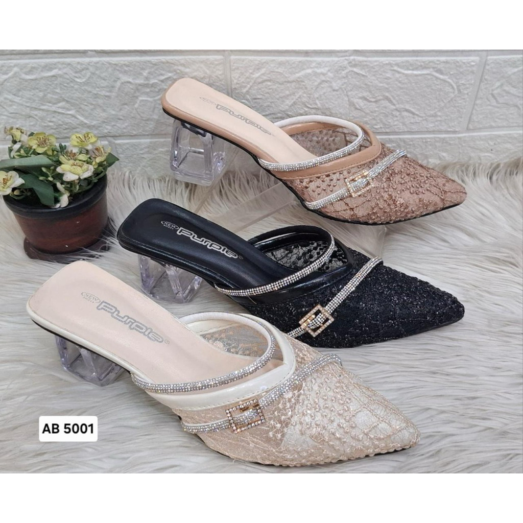 PURPLE - AB.5001 - SELOP PESTA WANITA - SELOP JALA BROKAT GLITTER HEELS 5cm
