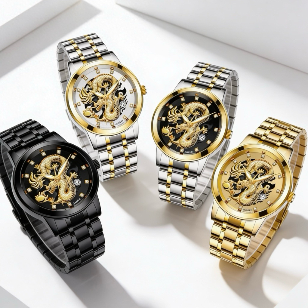 (Cod)Jam Tangan Pria  Naga Tanggal Aktif Strap Rantai(Dikirim Jakarta)