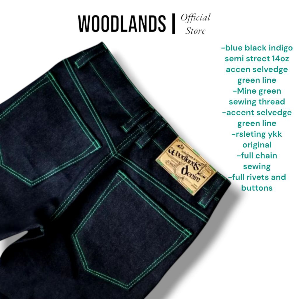 celana jeans blue black indigo semi strect 14oz accen selvedge green line
