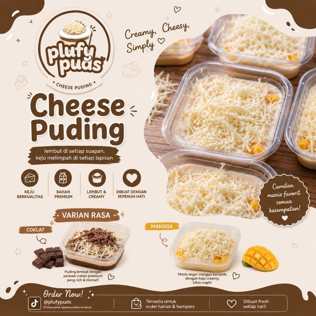 plufy puds cheese puding coklat dan mangga