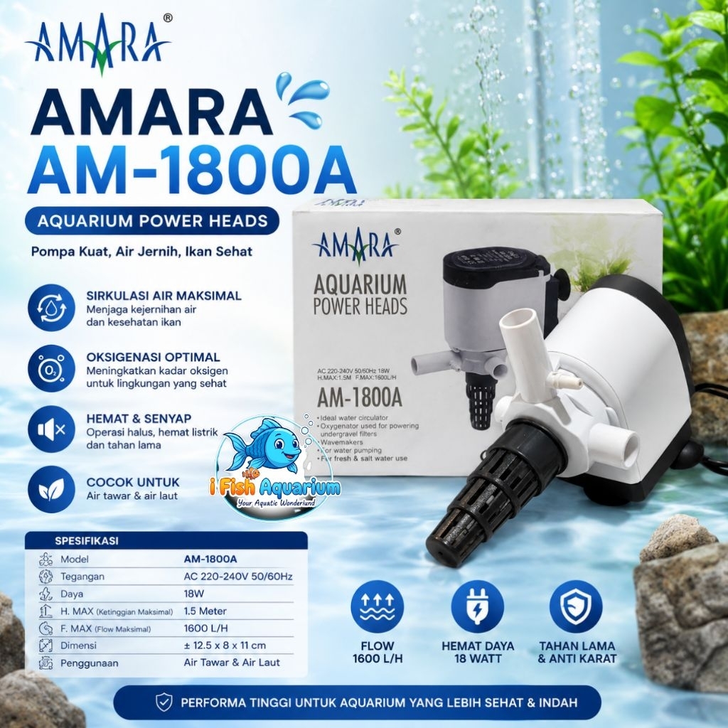 Amara Pompa Filter Aquarium AM-1800A, Daya 18 Watt, H.Max 1,5 Meter, F.Max 1600L/H, Hemat Energi & T