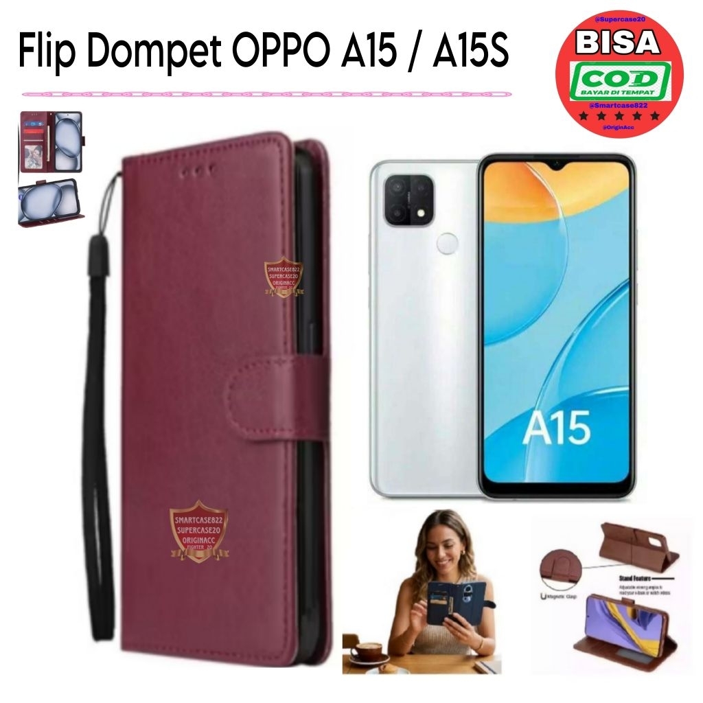 Casing Flip OPPO A15 / A15S Case Dompet Kulit Simpan Kartu Cover Pelindung Hp Standing Hape