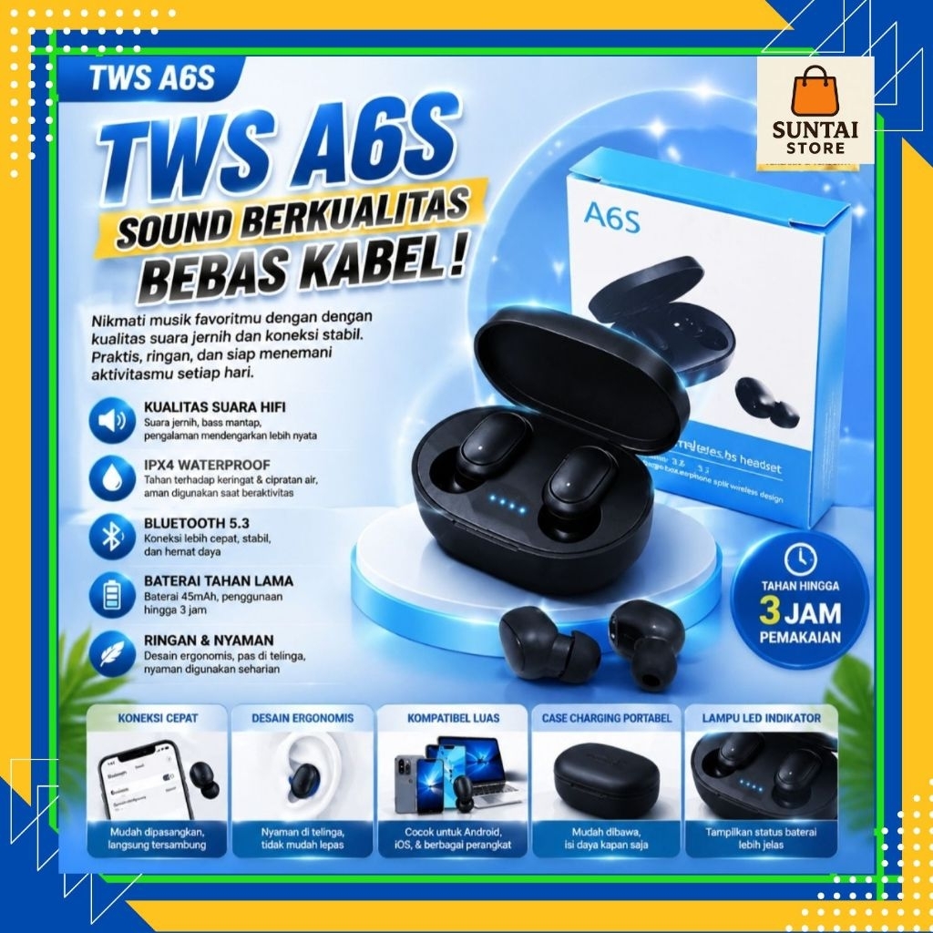 A6S Headset TWS Gaming Bluetooth 5.3 Wireless LED Long Battery HIFi Bass Stereo Earbuds Earclips E-S