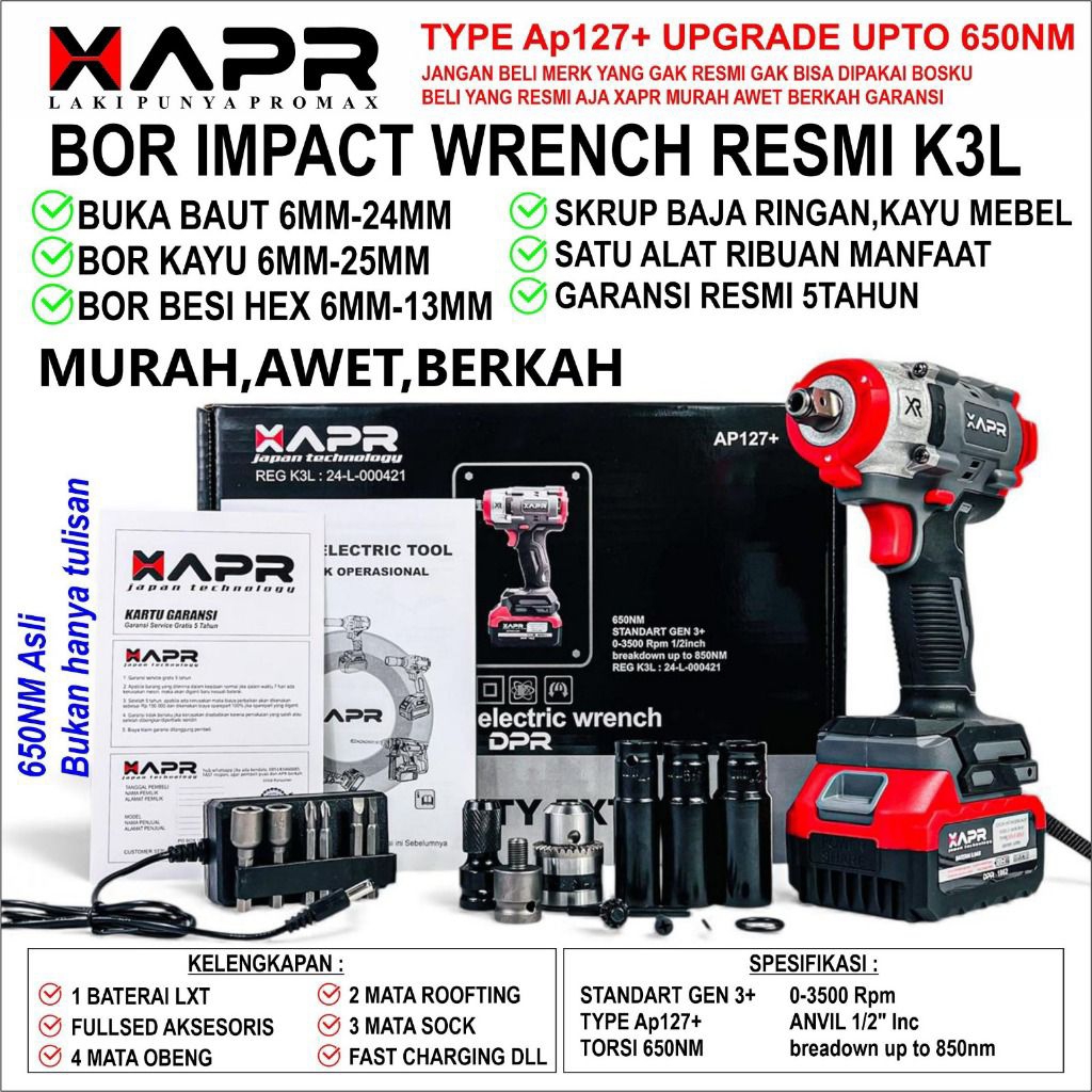 IMPACT APR BERGARANSI banyak tipe APR JAPAN AP127+ impact wrench bor pembuka baut 650nm baut motor