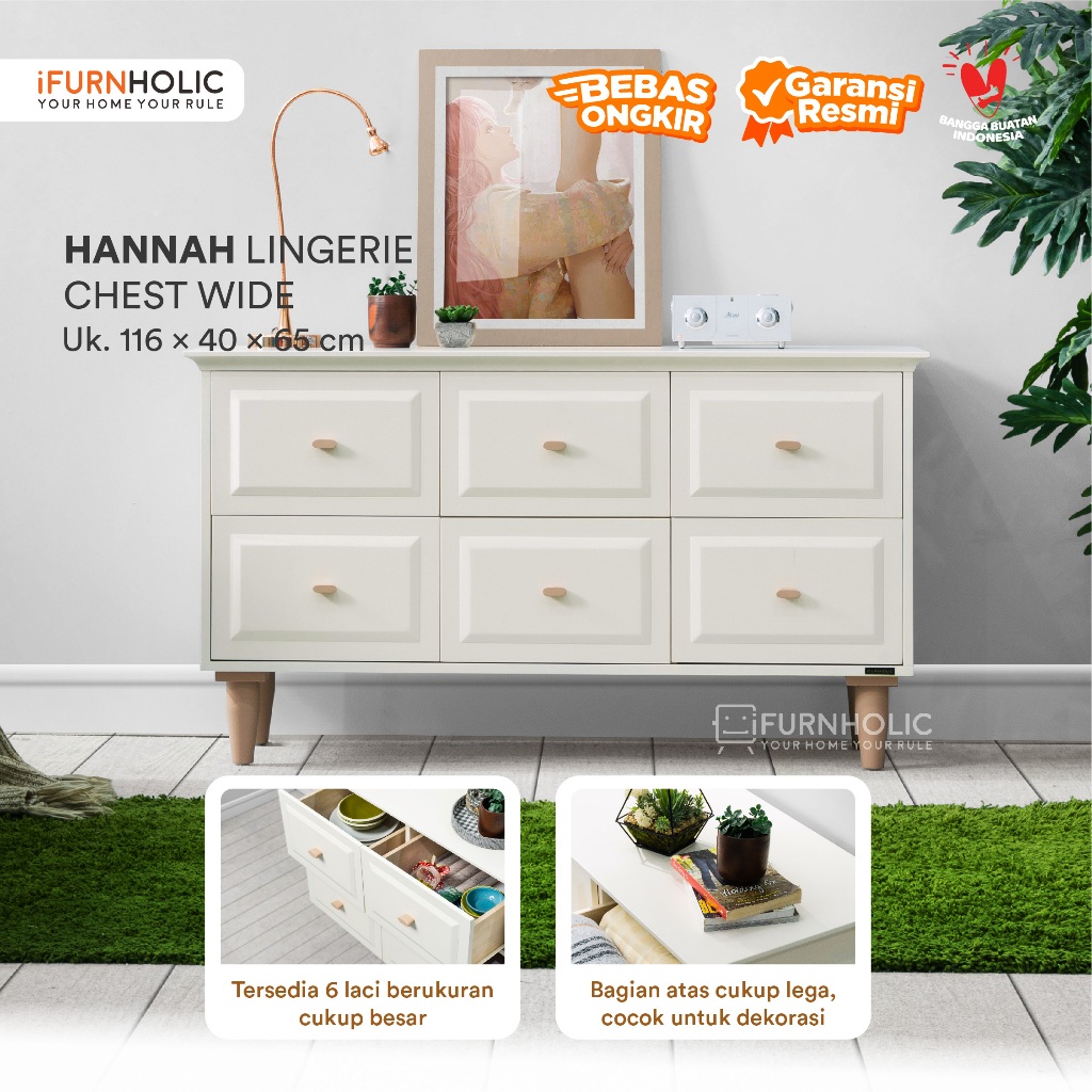 IFURNHOLIC Hannah Lingerie Chest Wide | Lemari Laci Kayu Minimalis | Lemari Pakaian Drawer Kayu