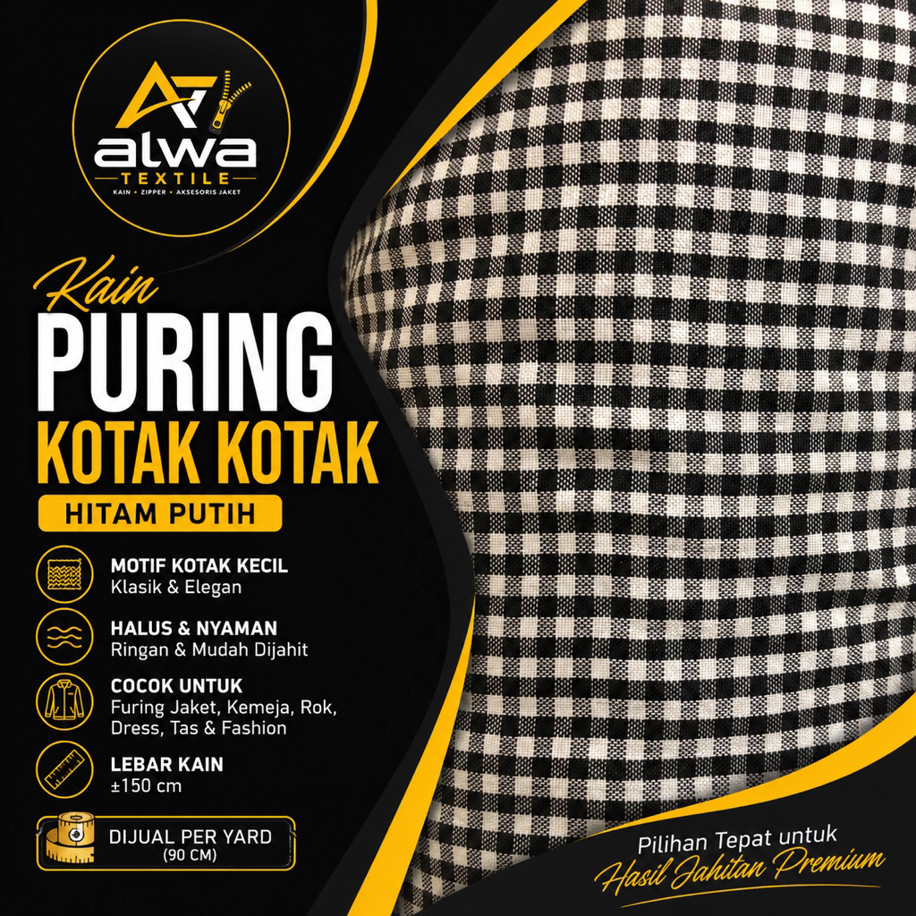 Kain Puring Kotak Kotak Hitam Putih Premium | Furing Motif Kotak Kecil untuk Jaket, Kemeja & Fashion