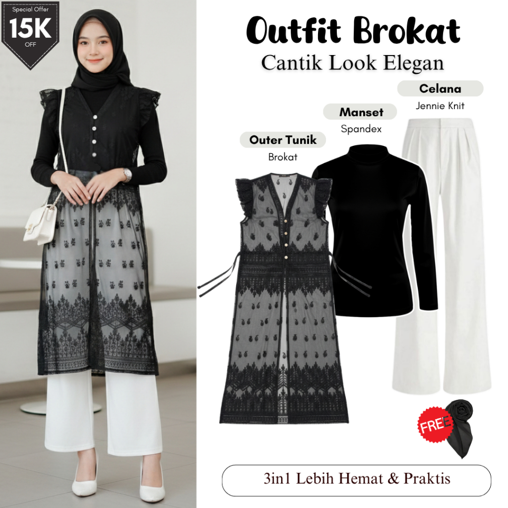 Outfit Set Brokat Modern | Outer Tunik + Manset + Celana | Setelan Kondangan Elegan | MC - 22