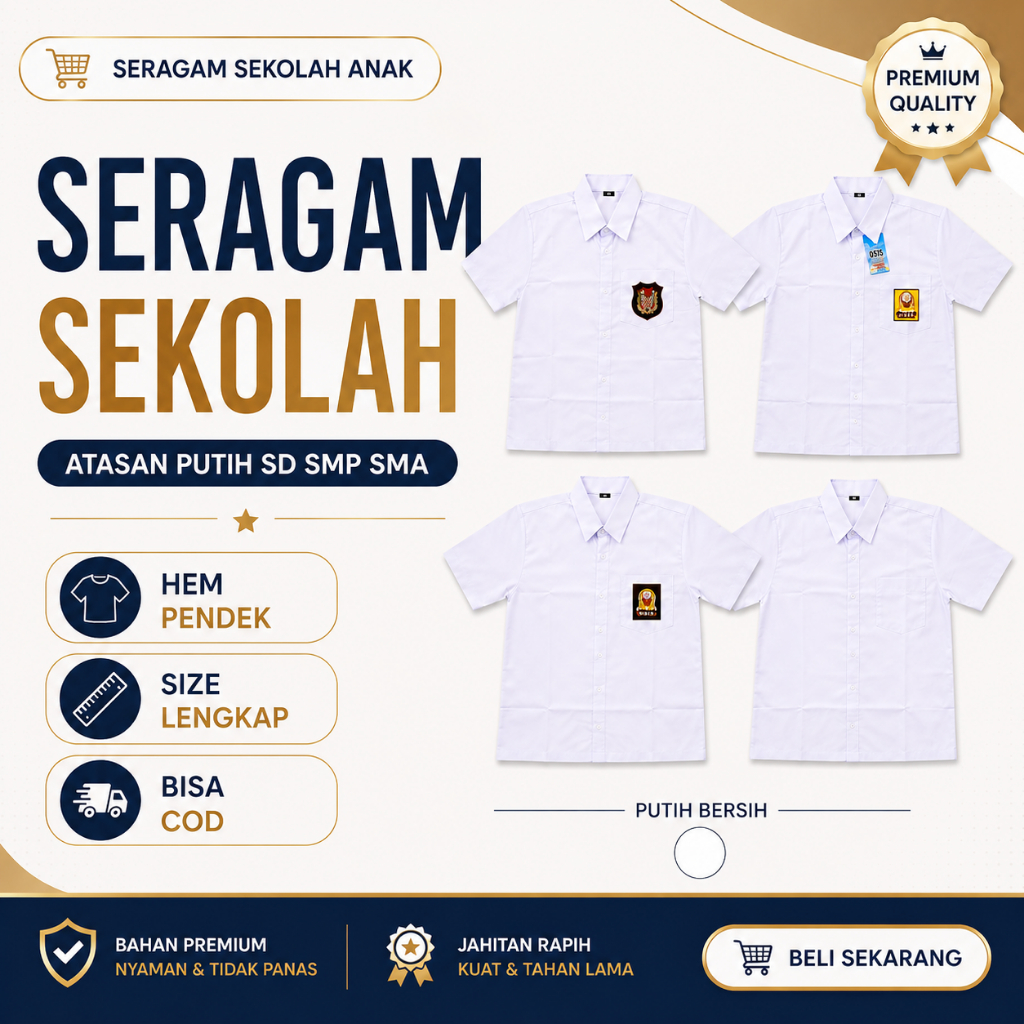 Seragam Sekolah Lengan Pendek SD SMP SMA – Bet Bordir  | Bahan Katun Oxford Premium Tebal & Halus | 