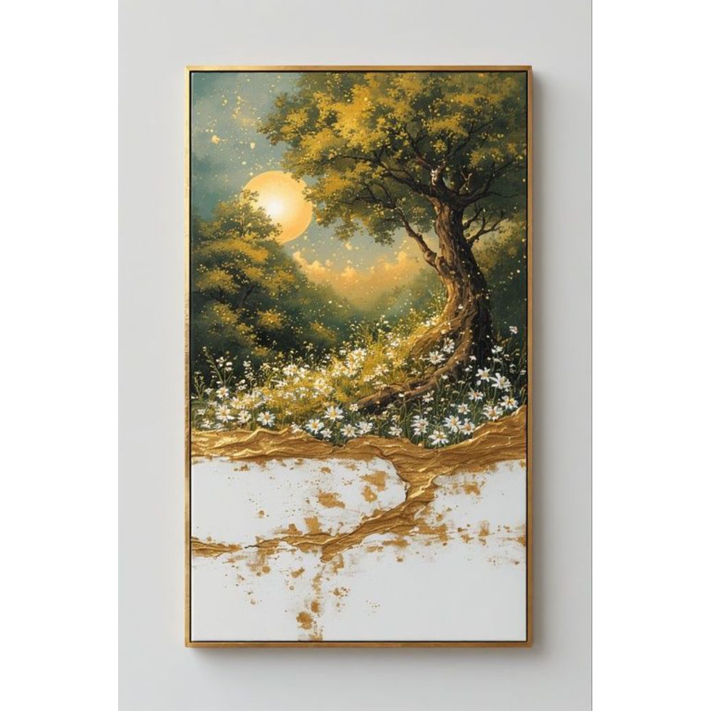 Lukisan Pohon Emas & Bulan Purnama - Wall Art Canvas Gold Leaf Aesthetic