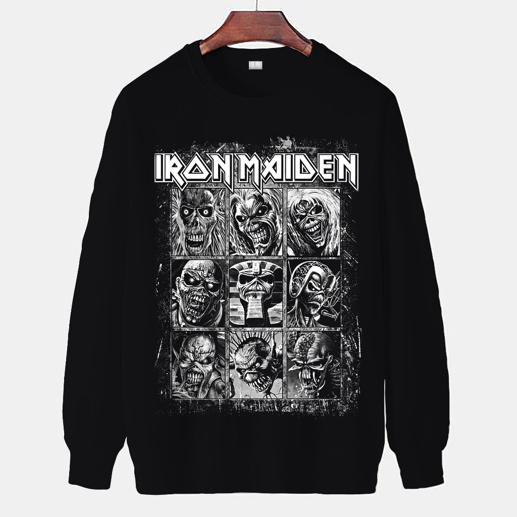 Sweater Pria Crewneck, Bahan Babyterry, Sablon Plastisol, Iron Maiden