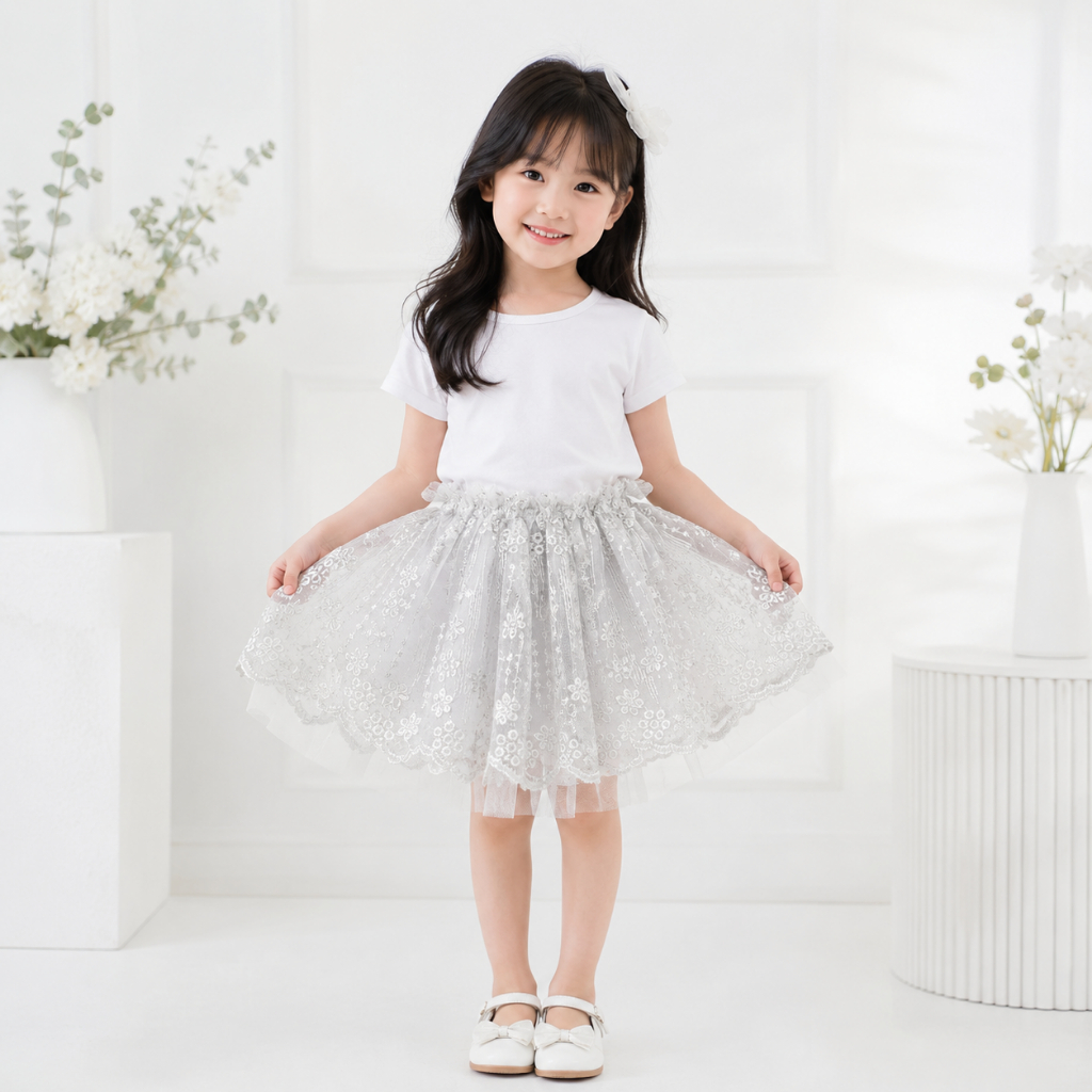 Delova Kids - Rok Tutu Korea Anak Motif Brukat Bunga Pesta Pentas Kondangan