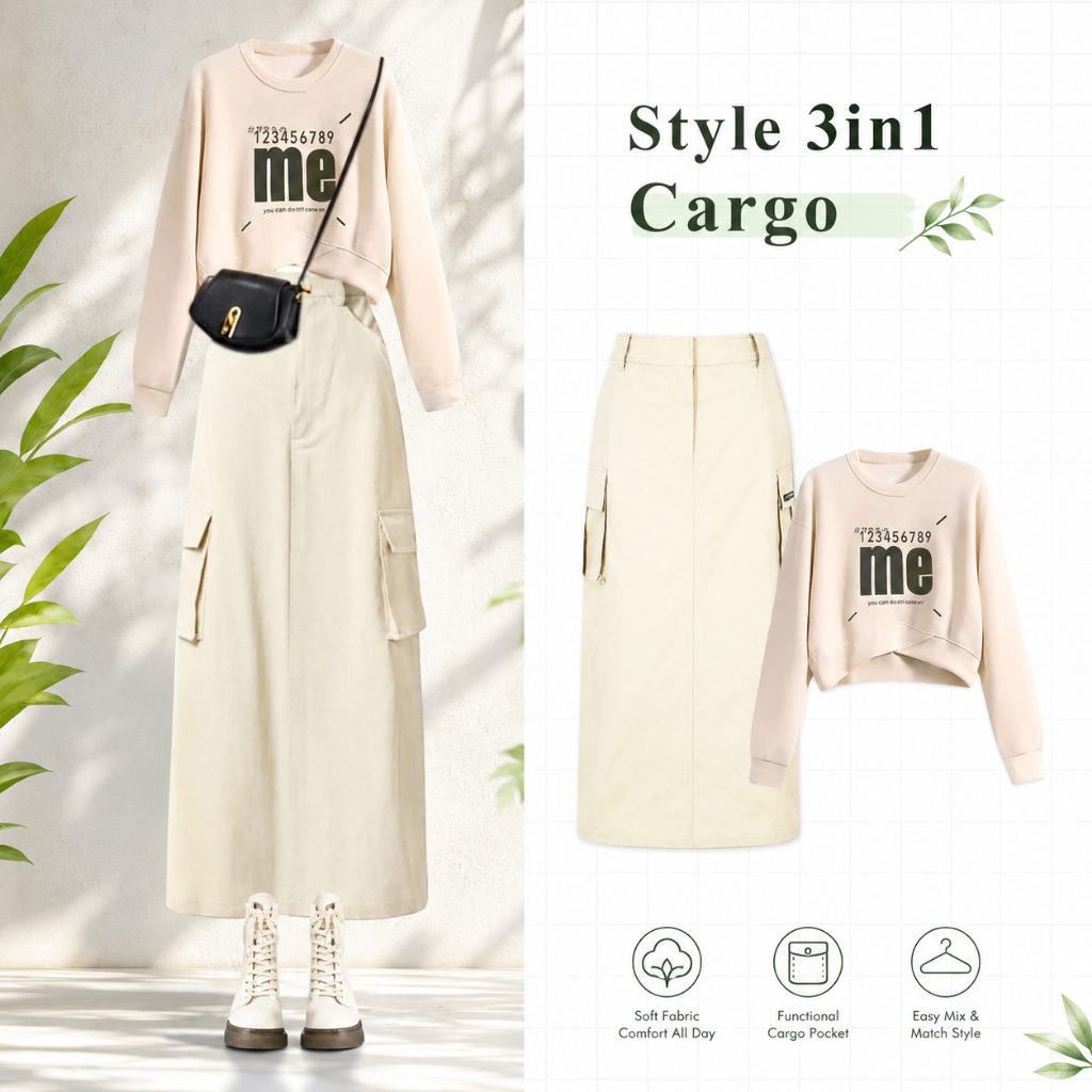 Outfit Korean Style 3in1 Set Rok Hijab OOTD (Sweater Crop Rok Cargo Pashmina)
