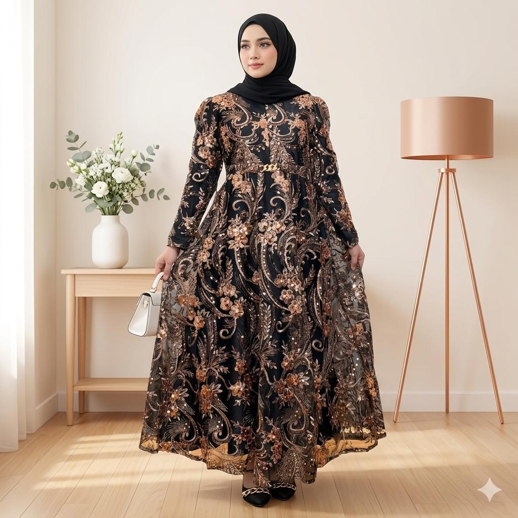 Gamis Hitam Cream Tile Bordir Payet Busui Kancing Baju Busana Muslim 76061