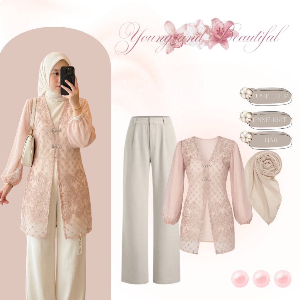 Outfit Set Tunik Kondangan Hijab | Tunik Tulip + Jennie Knit + Bella Square | Setelan Elegan - AL17