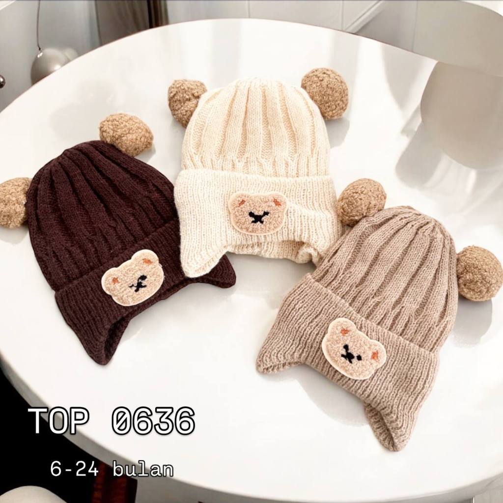 TOP 0636 - TOPI RAJUT ANAK 6-24 BULAN POMPOM ESKIMO BEAR RAJUT