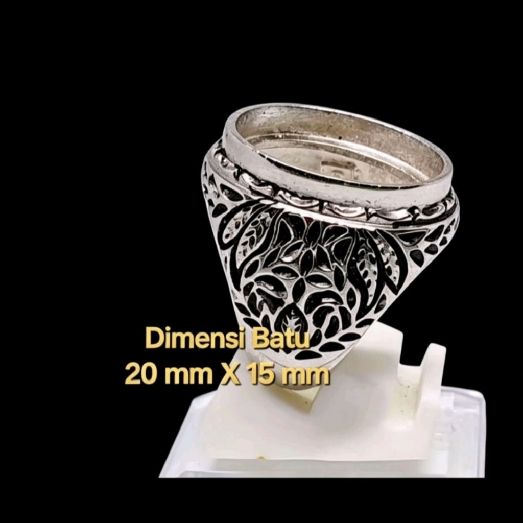 Ring pengikat batu/Emban alpaka super dim 20x15mm motif daun pandan model tanam bulat