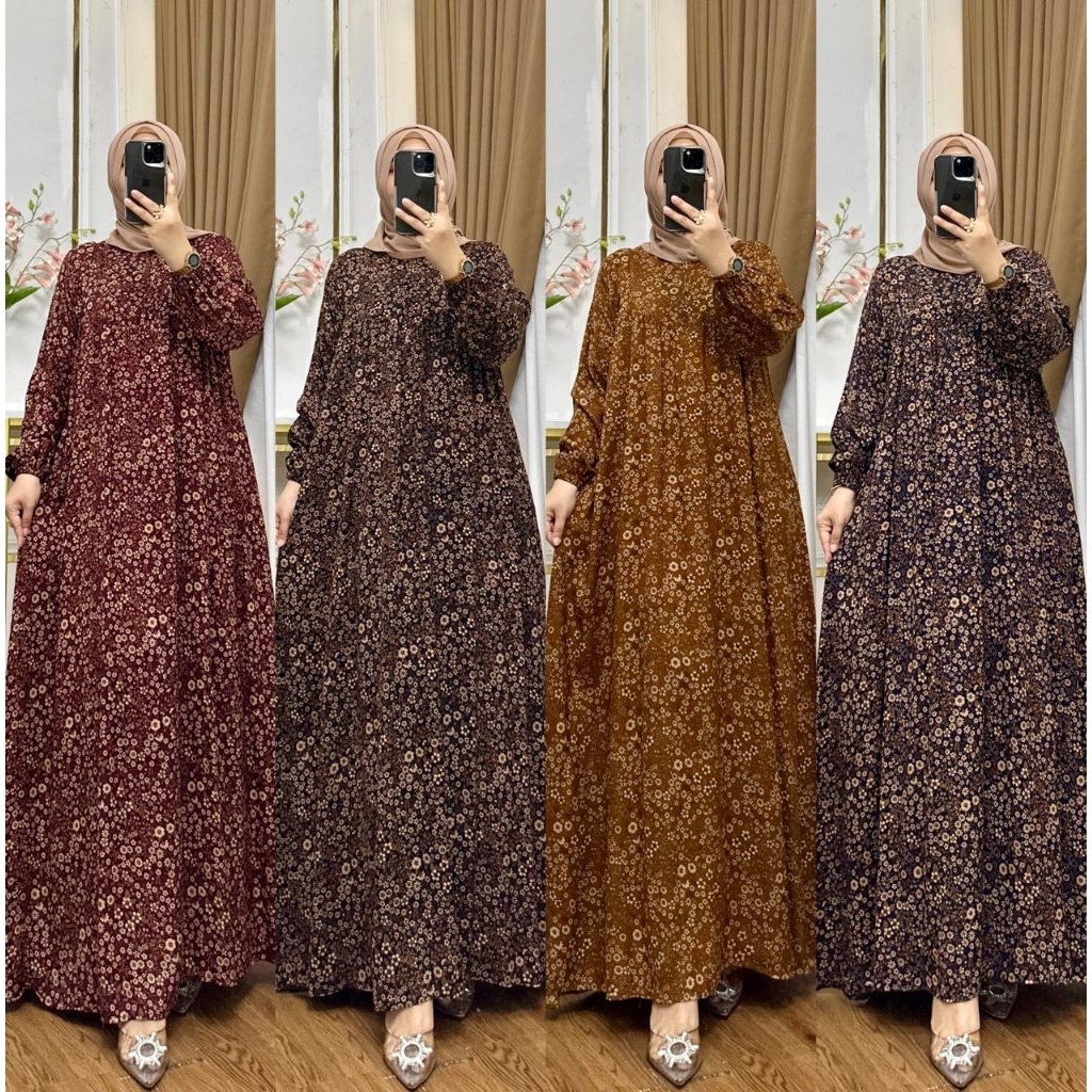 Gamis Rayon Diamond Premium Motif Print Bunga Kecil