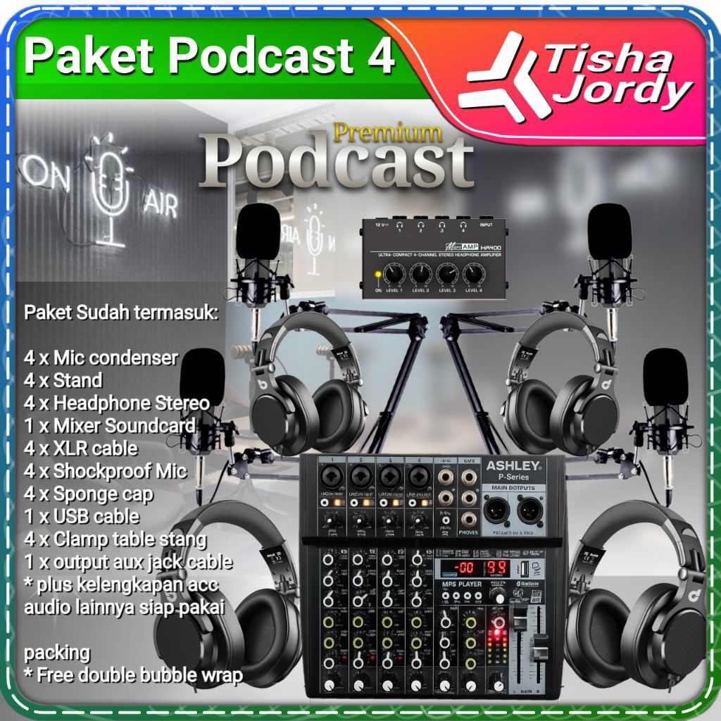 paket podcast 4 orang kumplit mic, headphone, mixer live record