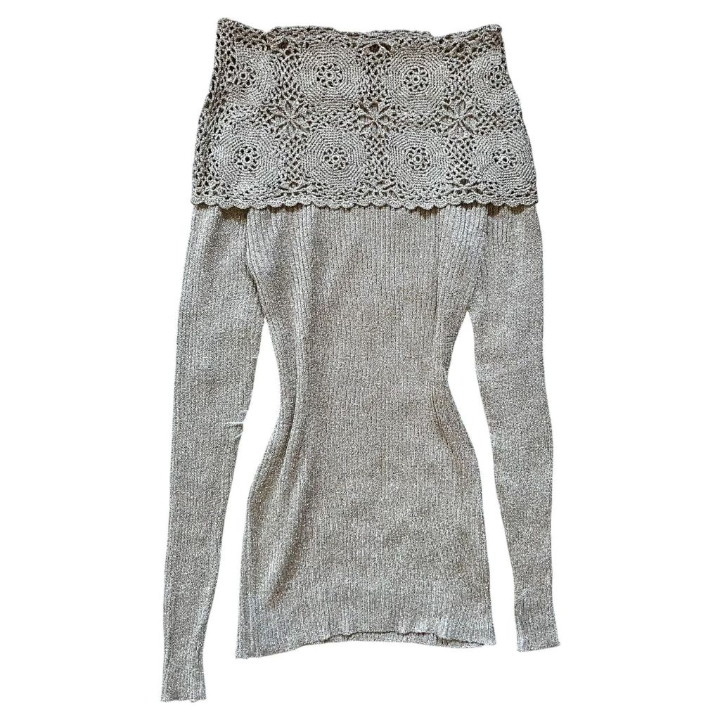 Off Shoulder Glitter Shimmer Floral Knit Longsleeve Top | sabrina boat neck embriodery bordir emboss