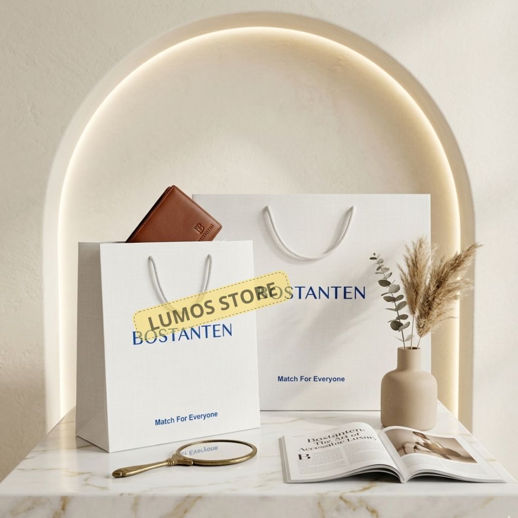 Paper bag Bostanten premium putih tulisan biru tas kado untuk hadiah
