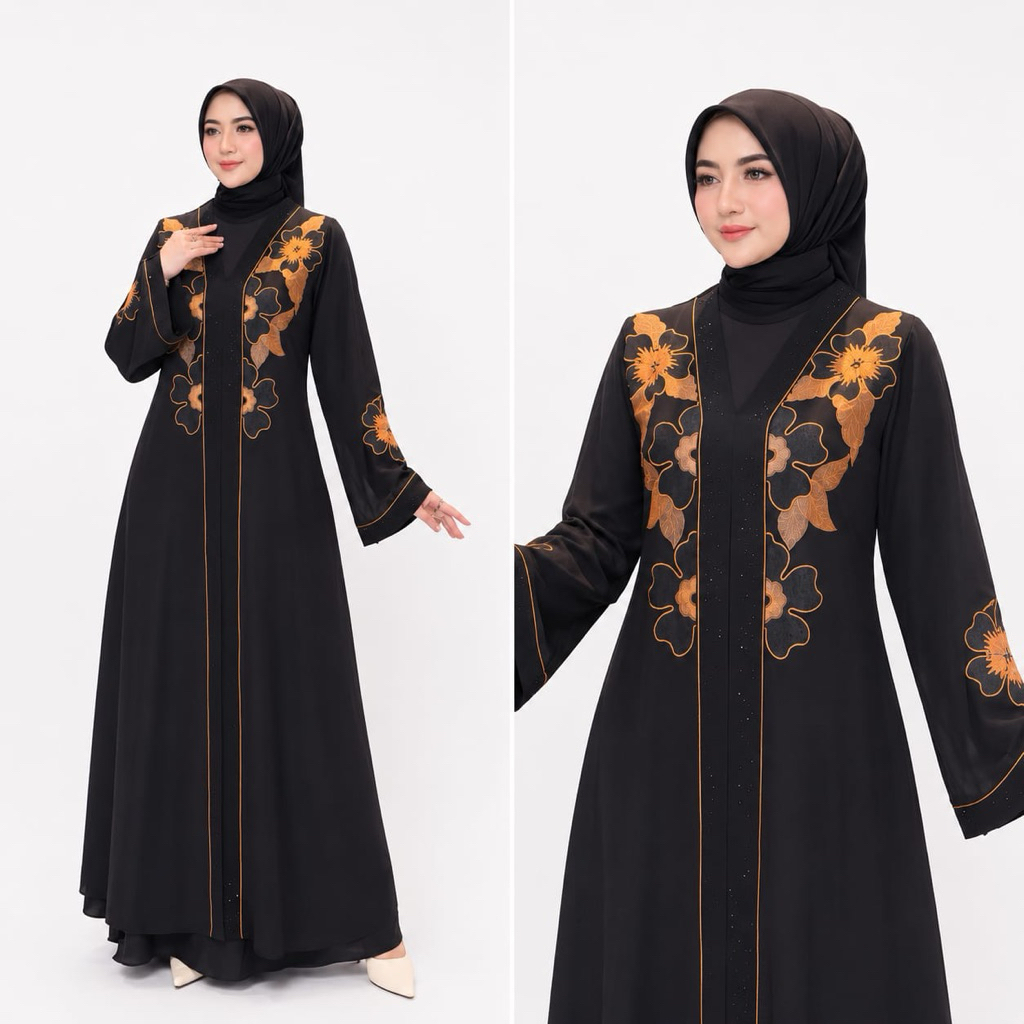 Gamis Abaya Turkey Malika Hitam Bordir  Sakura Busana Muslimah  Model Terbaru