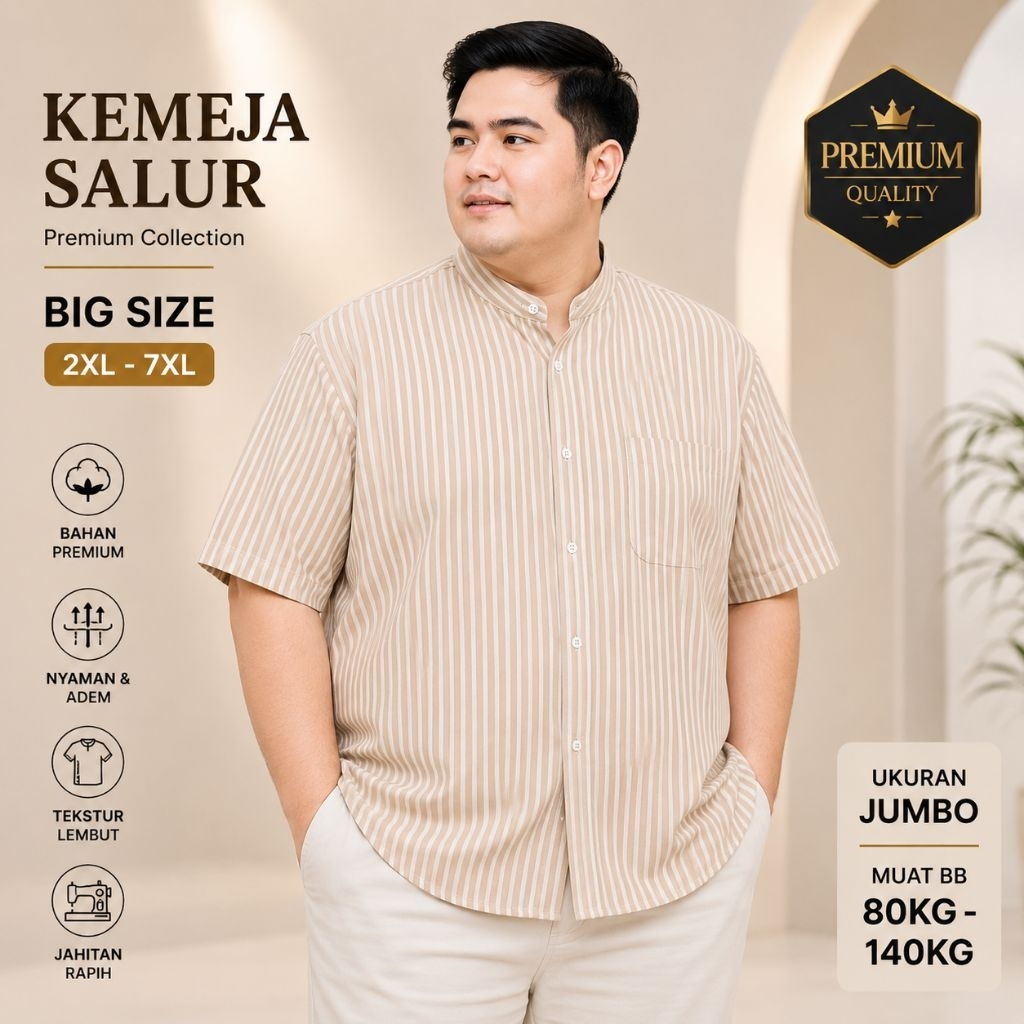 Bigbrand Atasan Kemeja Salur Pria Jumbo Lengan Pendek Hem Salur Kerah Sanghai Big Size Premium