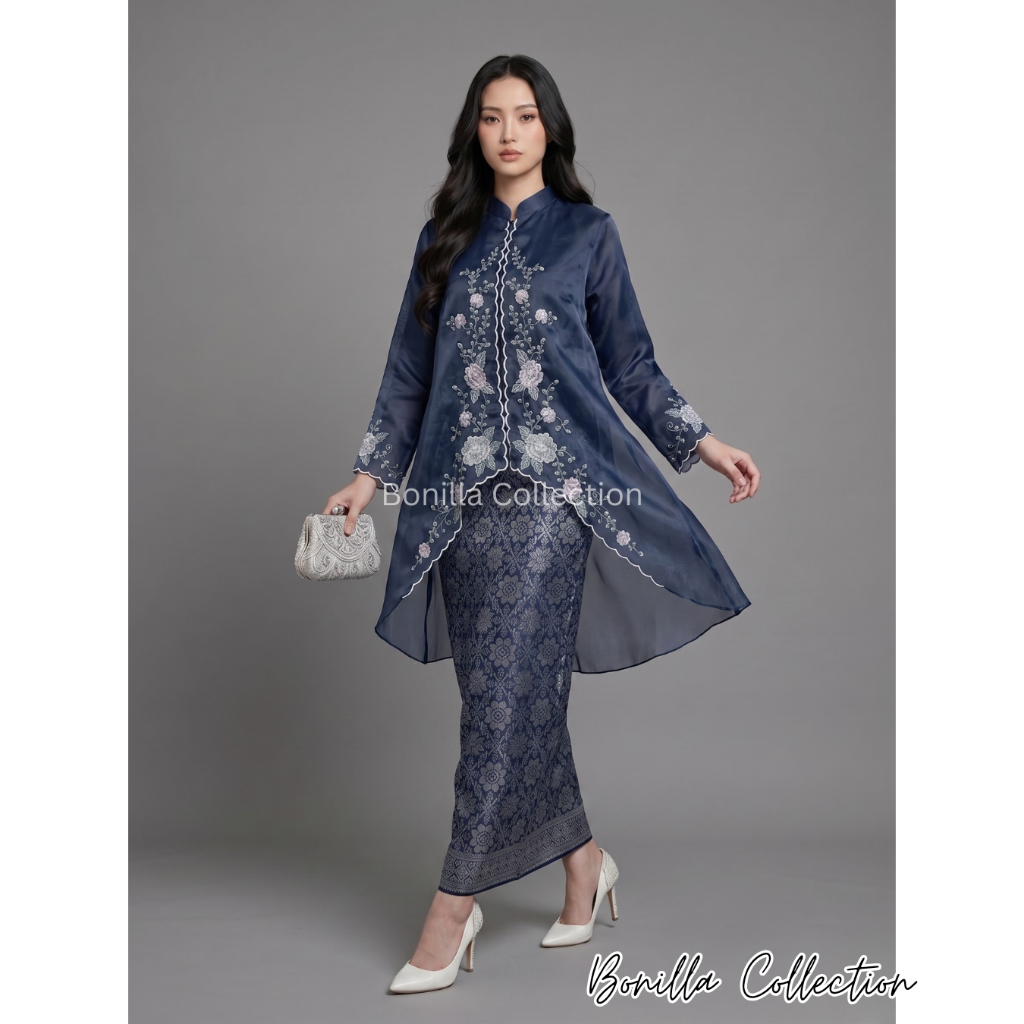 Set Kebaya Kurung Organza Model Outer / Sulam Bunga Premium dan Selendang Organza / Baju Tunik Organ