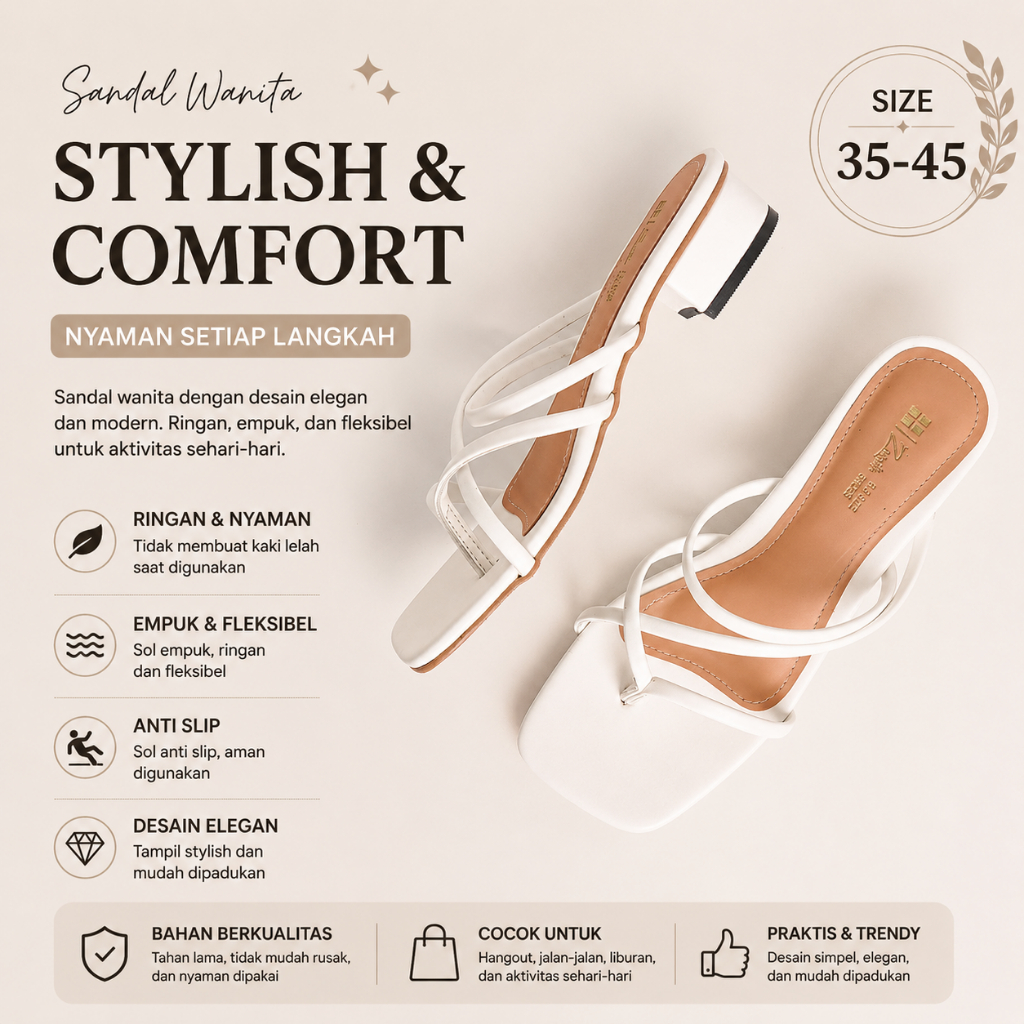 Sendal Wanita Tali Putih Big size 41-45 sandal heels tahu  3 cm sandal toe thong ukuran besar jumbo