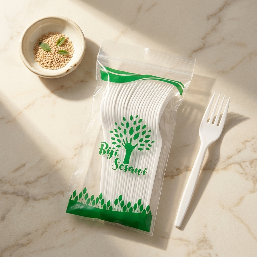 Garpu Makan Plastik Biji Sesawi warna Putih PP isi 25 pcs - Garpu Putih Biji Sesawi Ramah Lingkungan