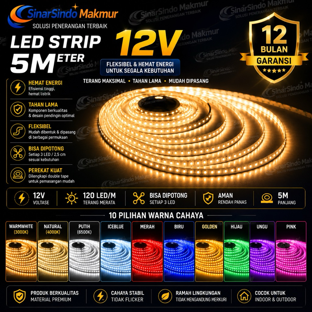 Jannahjwls3 Lampu Led Strip 12V 2835 120 Led 5 Meter / Lampu Strip 12 Volt 120L 2835 Smd 5M Indoor