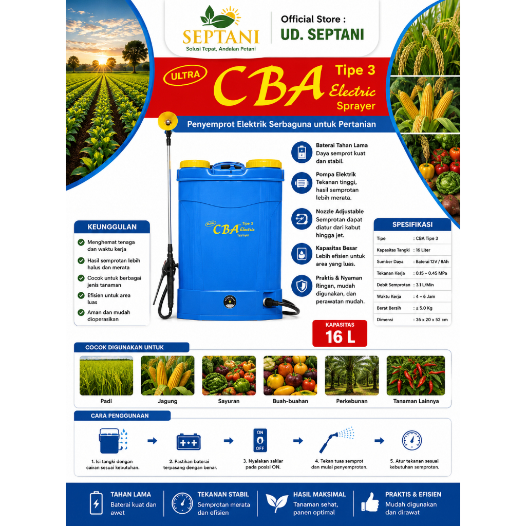 Sprayer Elektrik CBA 16L - Semprotan Elektrik Pertanian Berkualitas, Tahan Karat, Mudah Dibawa, Kapa