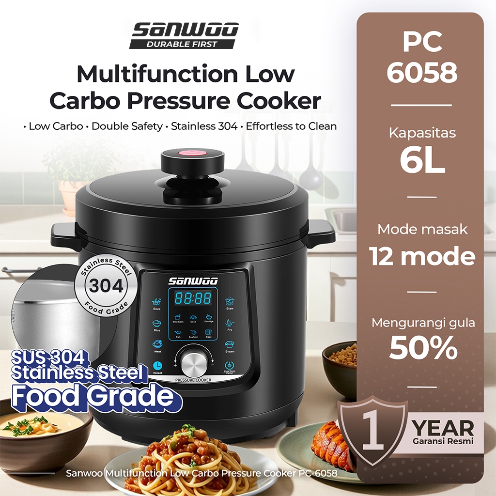 Sanwoo Panci Presto Multifungsi Multifunction Low Carbo Pressure Cooker 6L with SUS304 Main Bowl PC-