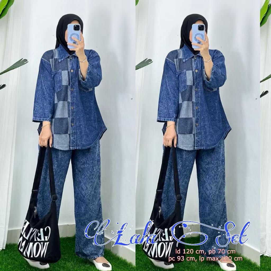 KAMAFA set setelan jeans kombinasi corak
