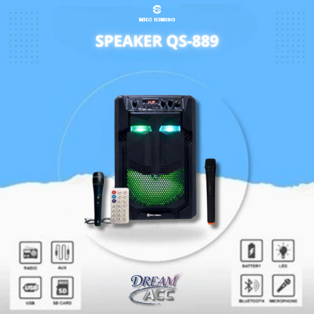 Speaker Bluetooth Karaoke Kimiso QS-889 8,8 Inch dengan Suara Bass Kuat dan Mikrofon Gratis