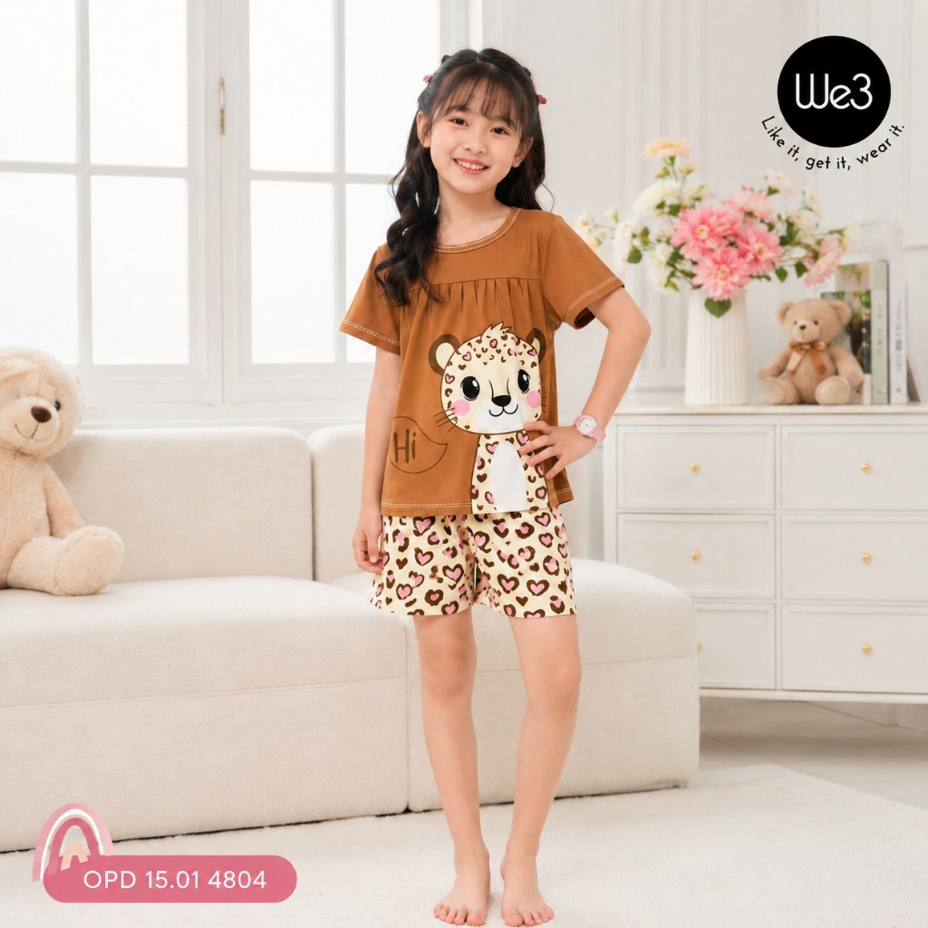 We3 Kids – Setelan Piyama Anak Perempuan Lengan Pendek & Celana Pendek Motif Macan | Baju Tidur Anak