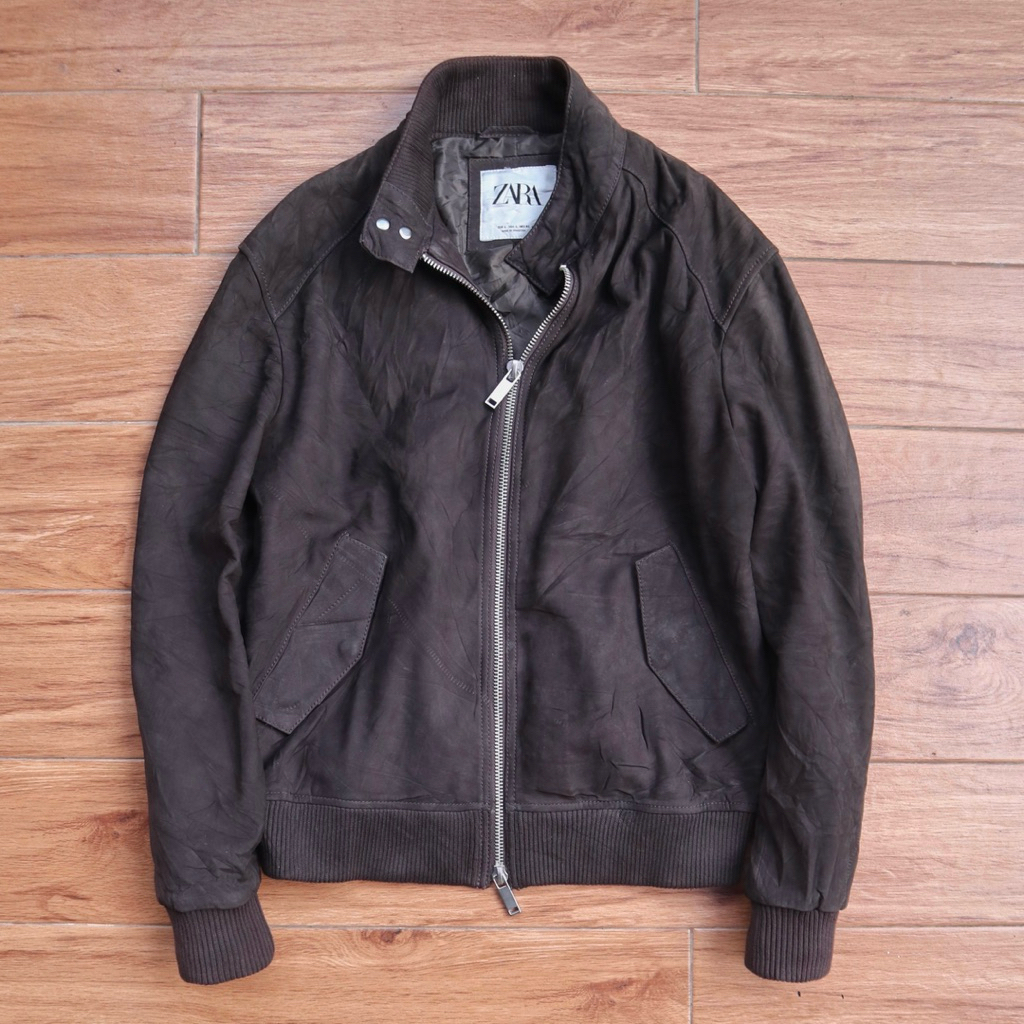 ZARAMAN suede sapi ukuran XL Jaket kulit asli bomber varsity coklat vintage oversize overfit boxy ge