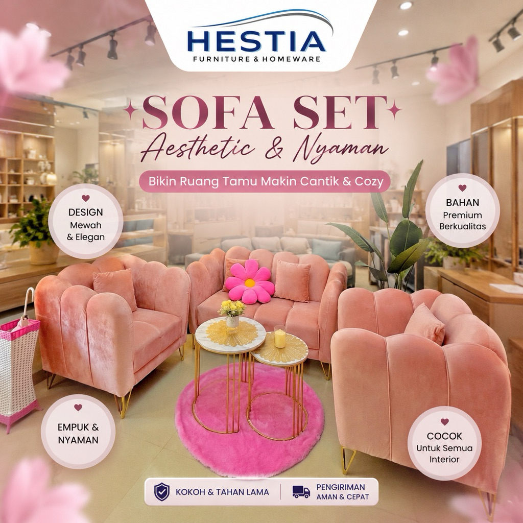 Sofa Tamu Aesthetic Pink Premium | Sofa Ruang Tamu Modern Mewah | Sofa Minimalis Velvet Hestia Furni