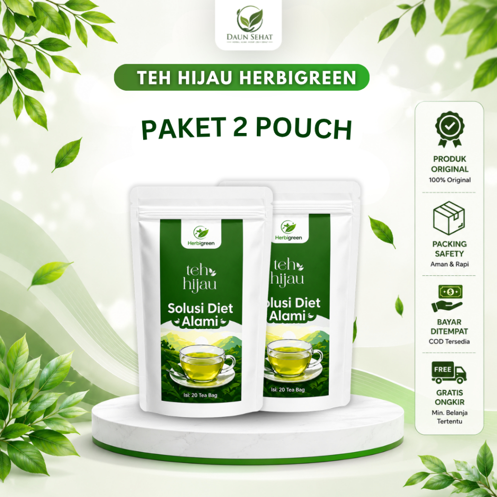 Paket 2 Pouch - Teh Hijau Herbigreen - Teh Celup Herbal Solusi Diet Pelangsing Alami Efektif Menurun