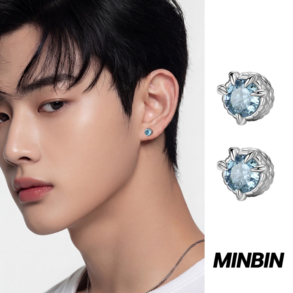 MINBIN Anting Tusuk Pria Silver Look Kristal Biru Motif Naga Bahan Tembaga Anti Karat Keren