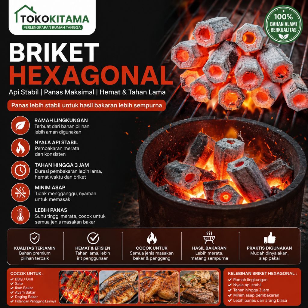 Briket Hexagonal Premium Arang BBQ Shisha Bakar Sate Grill Tahan Lama Minim Asap