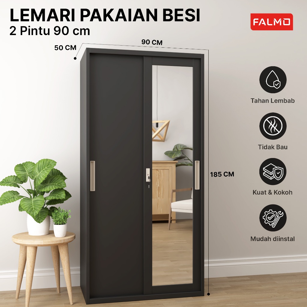 PROMO FALMO Lemari Pakaian 2 Pintu Sliding 90cm Full Motif Premium 2 Gantungan Hemat Tempat Anti Deb