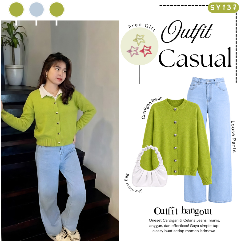 One Set Casual Wanita Cardigan ( Tas + Cardigan Avocado + Celana ) Outfit Avocado Wanita Kekinian - 