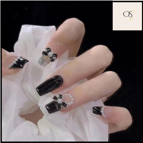 Kuku Palsu (FREE LEM) Motif Pita Hitam Putih Mutiara Keren Cantik Kuku Nail Art Premium Wisuda Sekol