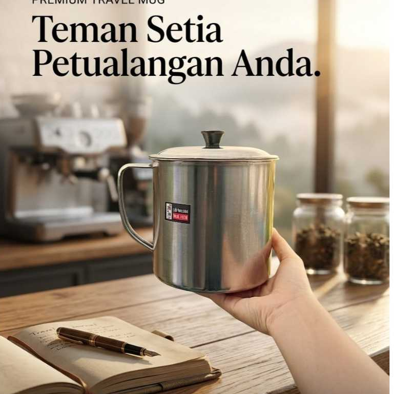 Mug Tutup Full Stainless Steel Jumbo 14 cm  FN Cangkir + Tutup Real Pict Tebal Anti Karat UP