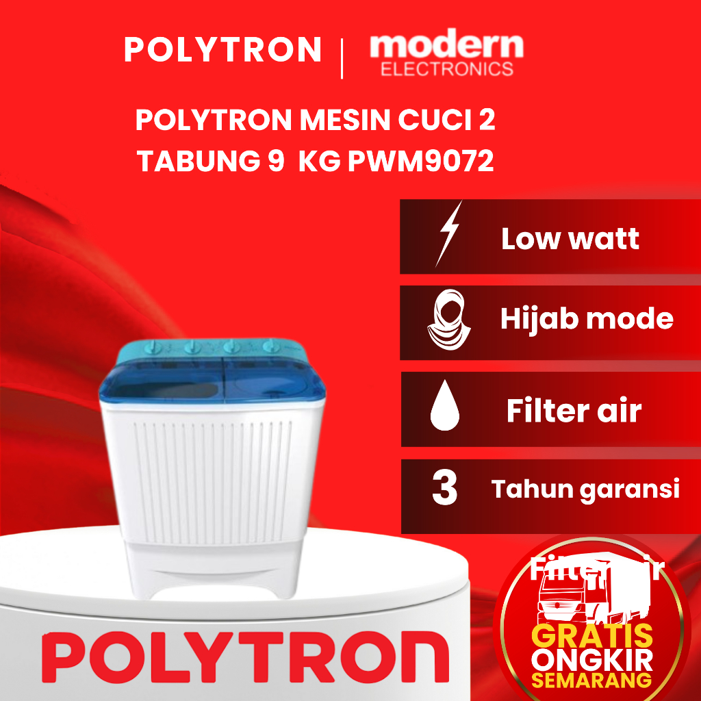 POLYTRON MESIN CUCI 2 TABUNG 9 KG  PWM9072