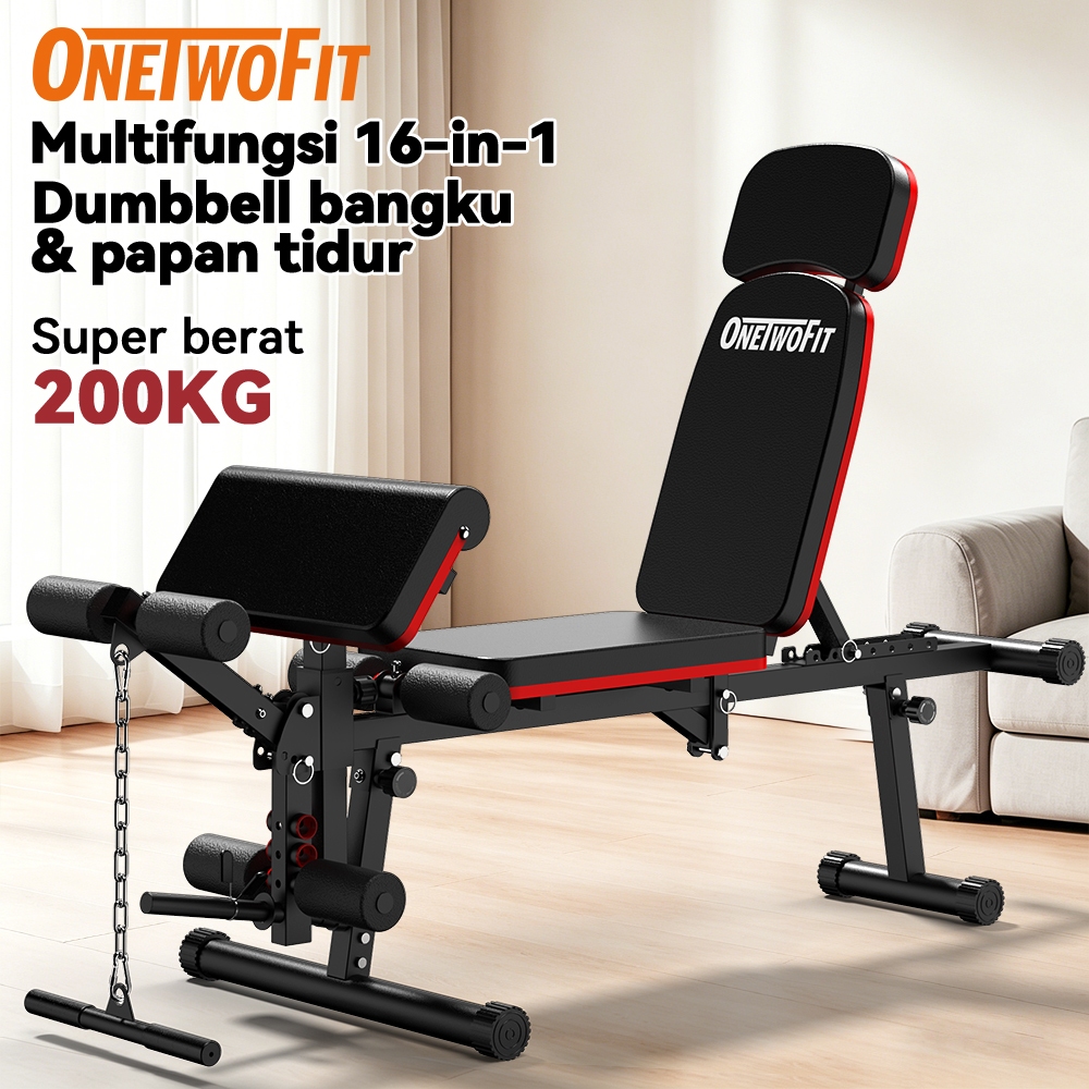 OneTwoFit 16-in-1 Kursi Fitness Multifungsi 200kg – Bangku Dumbbell Lipat untuk Rumah, Alat Gym Mult