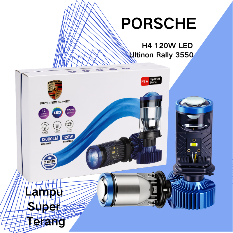 PORSCHE  Lampu H4 Mini  BI LED MB55 Flat Cut Off dengan Double-Lens Laser dan Kipas Pendingin DC9-60