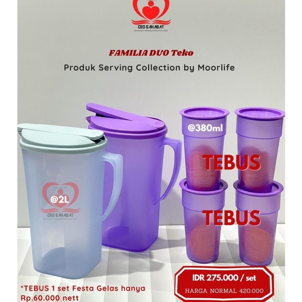 Moorlife Familia  Duo Free Gelas 4 pcs.. Teko Moorlife dan Gelas
